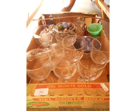 A box of miscellaneous glass ware to include a Whitefriars green glass bell, goblets, vases, sundae dishes etc