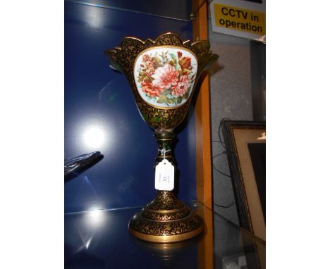 A Victorian Bohemian green glass vase of conical form with knopped stem and circular base having enamel panel hand painted wi