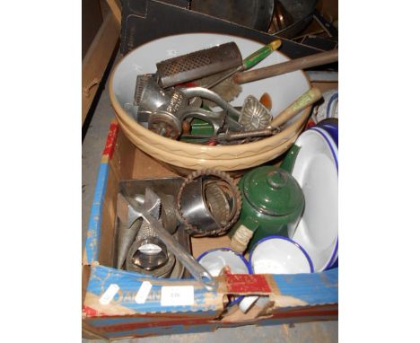 A box of vintage kitchenalia to include mixing bowls, graters, slicers, piping funnels, enamel teapot etc