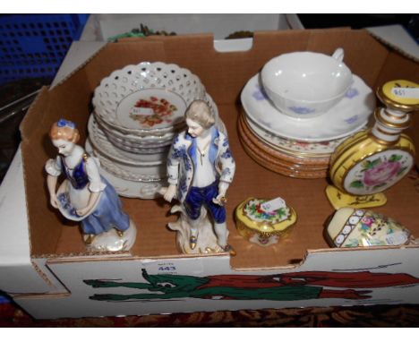 A 19th C French hand painted moon flask, two Limoge boxes, a pair of continental figures and a selection of other ceramics 