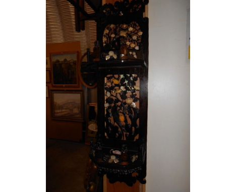 A 19th C Chinese Shibayama hardwood hanging wall shelf, pierced and carved with birds and foliage, mother of pearl inlaid flo