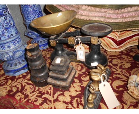 A set of cast iron and brass 'The Viking' kitchen scales and weights 