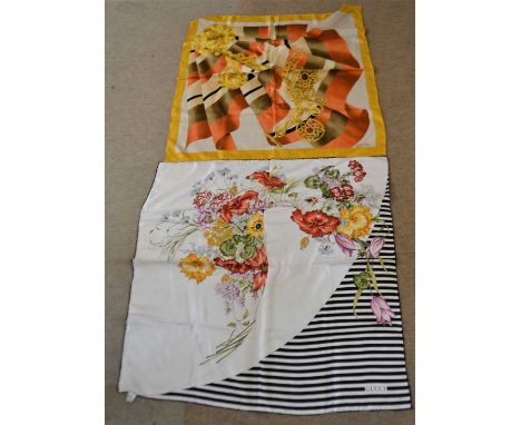 Two ladies silk scarves, the first by Gucci with cream ground and black and white stripes and floral decoration, the second b