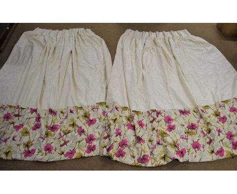 A pair of cream and pink floral curtains, in all over cream with a deep pink floral border, pinch pleats, lines, each approx.