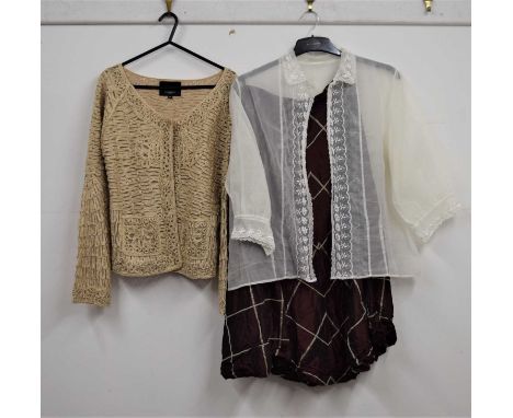 A beige lace jacket/cardigan by David Emmanuel, with single button fastening, size 14, together with a red taffeta A-line ski