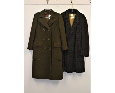 Two unisex overcoats, to include a green wool three button double breast coat with large patch pockets, labelled Mansfield by