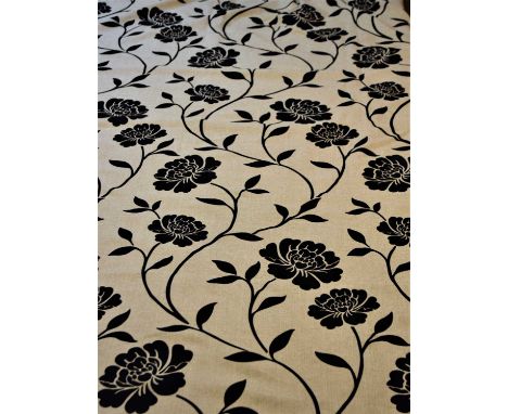 A pair of beige and black floral velour patterned curtains, lined, each approx. 152cm wide by 208cm long