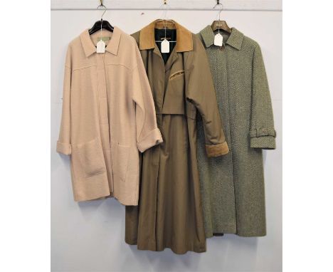 Three lady's coats, a green tweed wool coat by Alexon,with 5 button single breast and tie belt, approx. size 14, a ceam wool 