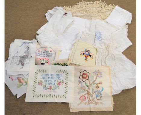 A quantity of assorted textiles to include crochet tablecloth, assorted linens, napkins, tablecloths, crewel work, nedlepooin