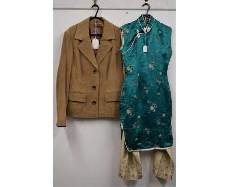 A lady's brown suede jacket with double button and patch pockets, size 16, together with a pair of Indian silk embroidered tr