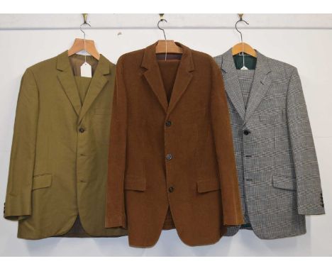 Three gentleman's suits to include a brown corduroy suit by HUGO by Hugo Boss, with single breasted 3 button jacket, chest ap