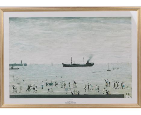 Laurence Stephen Lowry (1887-1976), Waiting for the tide, a Ganymed reproduction offset lithograph, 45cm x 68cm 