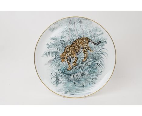 Hermes Carnet d'Equateur porcelain plate, centred with a jaguar approaching water's edge, printed marks, 32.5cm diameter 