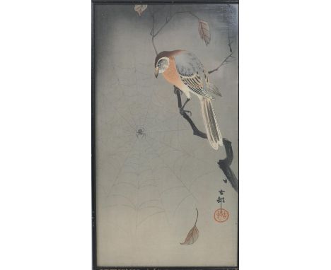 Ohara Koson (1877-1945), 'Spider and Bull-Headed Shrike', woodblock print, published early 20th century, 34.5cm x 18.5cm; als