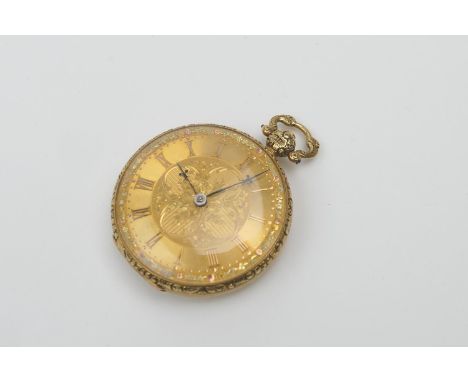 Victorian 18ct gold pocket watch, hallmarked London 1844, gilt dial with foliate chased centre and Roman numerals, engine tur