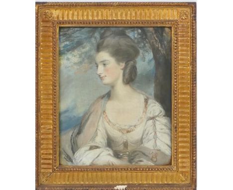 Follower of Thomas Gainsborough (1727-88), Portrait of a young lady, seated half length in the shade of a tree, pastel drawin