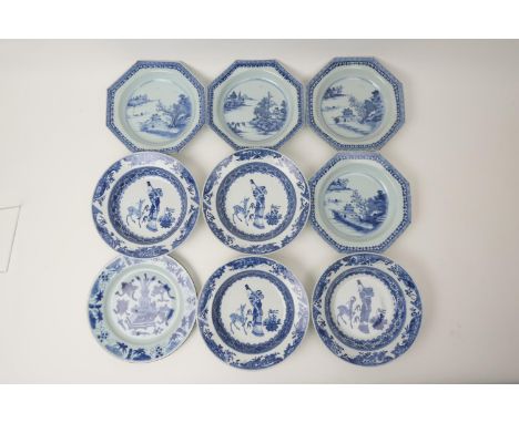 Chinese blue and white export plate, Kangxi (1662-1722), decorated with precious objects, 22.5cm diameter; also four Chinese 