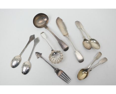 Mixed silver flatware comprising a George III silver fiddle pattern sauce ladle, maker 'RC', London 1806; a pair of reproduct