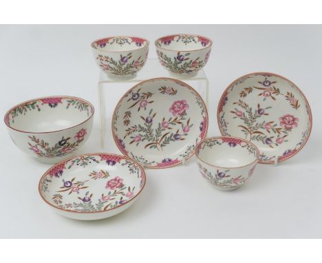 Worcester polychrome bowl, circa 1770, decorated with floral sprigs, open crescent mark, 12cm diameter; and three matching te