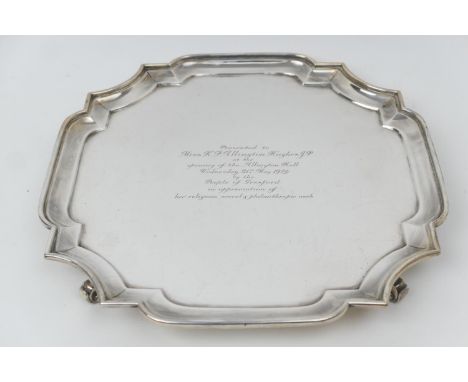 George V silver presentation salver, of local interest, by The Goldsmiths and Silversmiths Company, London 1923, canted squar