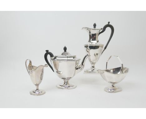 Edwardian silver four piece tea service by Thomas Bradbury &amp; Sons, Sheffield 1907, each of plain octagonal form with wais