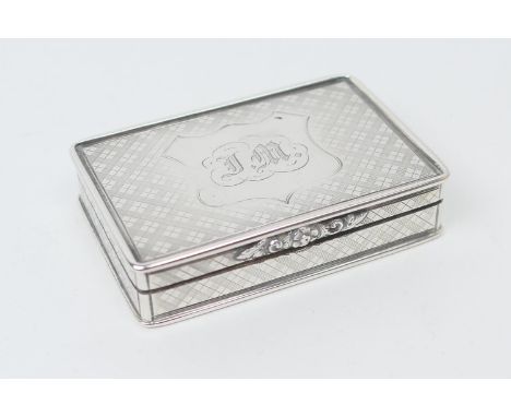 Early Victorian silver snuff box, by Nathaniel Mills, Birmingham 1837, rectangular form with engine turned cross-hatched deco