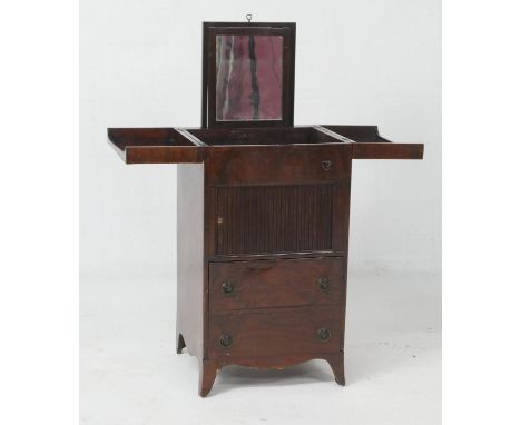 Regency mahogany gentleman's washstand, traditional form with double opening top, pull up mirror, tambour fronted pot cupboar