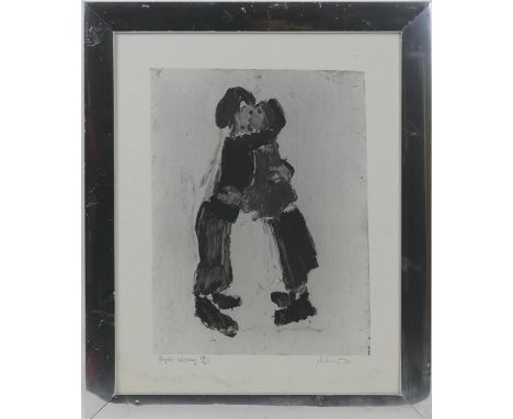 Harold Riley (b. 1934), Couple kissing, offset lithograph, limited edition numbered 74/75, titled and signed by the artist, d
