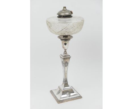 Edwardian silver candlestick, by Hawksworth Eyre, Sheffield 1907, in the Adam style with urn sconce, waisted square column an