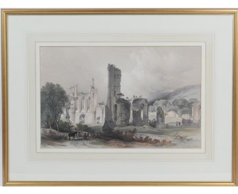 Victorian lithographic print, Byland Abbey looking West, 31cm x 49cm 