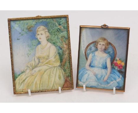 Mary Louise Gillett (Active circa 1920-50), Portrait miniature of Jennifer M Gillett, seated three-quarter length in a yellow