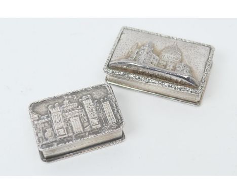 Two royal commemorative silver castle top snuff boxes, the first cast with a view of Windsor Castle commemorating the Queen's
