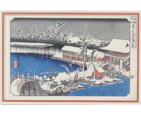 Utagawa Hiroshige (1797-1858), 'Snow at Night Depicting a House, River and Ornamental Garden Under Falling Snow', woodblock p