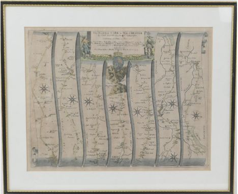 John Ogilby, 'The Road from York to West Chester', hand coloured road map, published 1675, 35cm x 45cm; John Cary, 'Lancashir