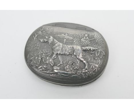 Victorian pewter hunting snuff box, by James Dixon &amp; Son, Sheffield, oval form, the hinged cover cast with a shooter and 