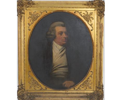 English School (Late 18th Century), Portrait of a gentleman, half length in a white shirt, oil on relined canvas, oval, 74cm 