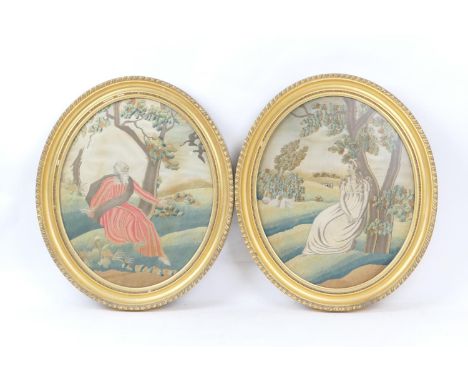 Pair of George III silkwork tapestry pictures, early 19th Century, featuring a man seated beneath a tree, with a companion pi