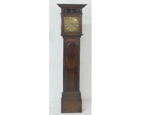 F Bayley, Uttoxeter, oak thirty hour longcase clock, circa 1760,  later moulded cornice pierced with tulips, over a brass 10 