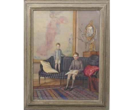 Mary Louise Gillett (Active circa 1920-50), Portrait of James and Alan Gillett within an interior, watercolour, signed and da