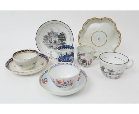 Worcester cup, circa 1770, decorated with a stag hunt pattern; also Caughley fluted tea bowl and saucer, circa 1780, decorate