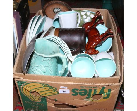 A box of pottery and china including Poole teaset and Midwinter etc.