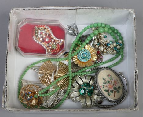 A box of vintage costume jewellery including spray brooches and two row jade effect necklace etc.