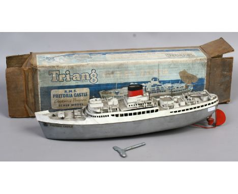 A boxed vintage Triang clockwork model of R. M. S Pretoria Castle ocean liner with key.