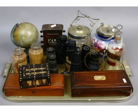 A tray of collectables including cased Sikes hydrometer, porcupine quill box, binoculars, oak desk calender, glass apothecary