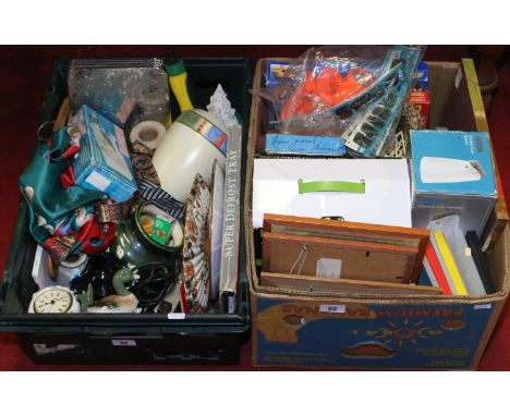 Two boxes of miscellaneous and household items silk scarves, childs Chad Valley projector, Pifco steam cleaner etc.