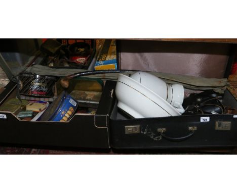 An old suitcase and box including ceramic jug and bowl, photographic Praktika 35 camera case, Super Zenith 10 x 50 field bino