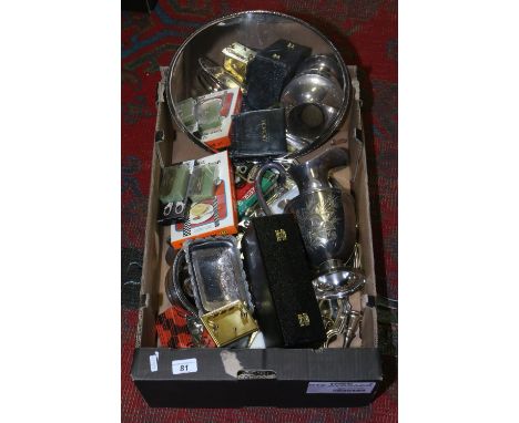 A box of silver plate and other metalwares including carriage clock, boxed cake forks and candlesticks etc.