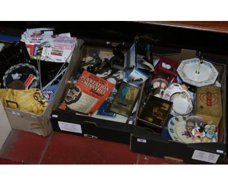 Three boxes of miscellaneous including ladies handbags, vintage storage tins, Coalport, Noritake, hand tools etc.