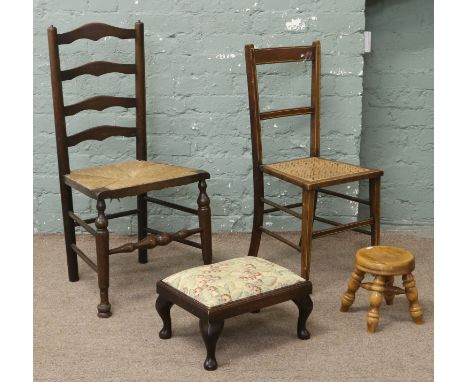 A ladder back and rush seat chair and a bergere seat chair with strung inlay, along with an upholstered stool and one similar