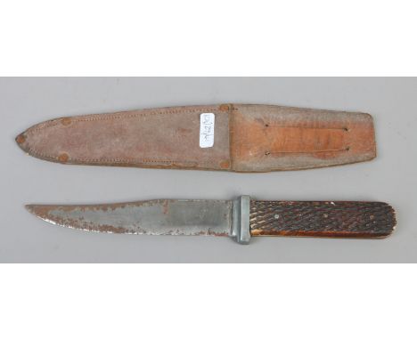 A vintage Sheffield bowie knife by Joseph Rodgers with stag antler scales and leather scabbard.